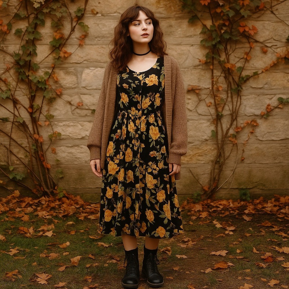 Vintage 90s Together! 6 Black Yellow Floral Midi Cottagecore Prairie Grunge